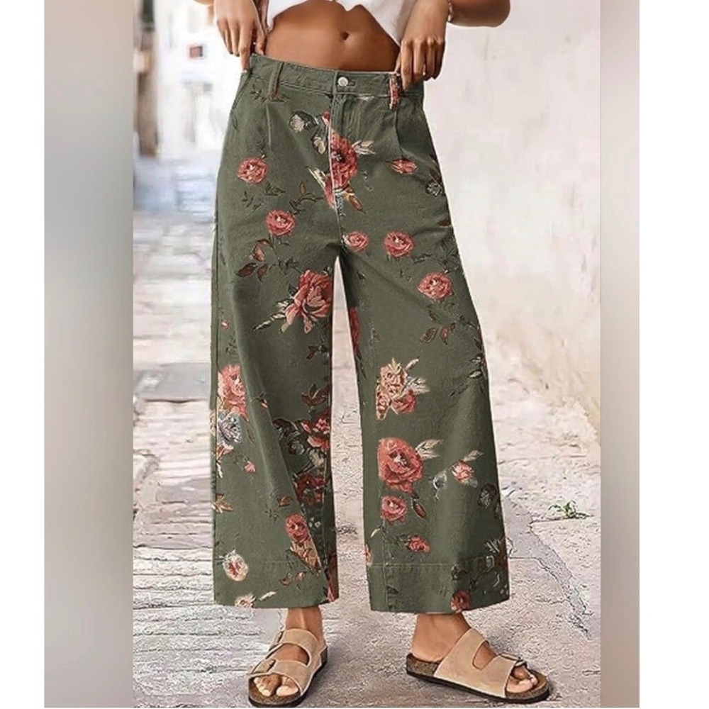 Loveimgs Olive Green Red Rose Floral Wide Leg Ankle Pants Size M New